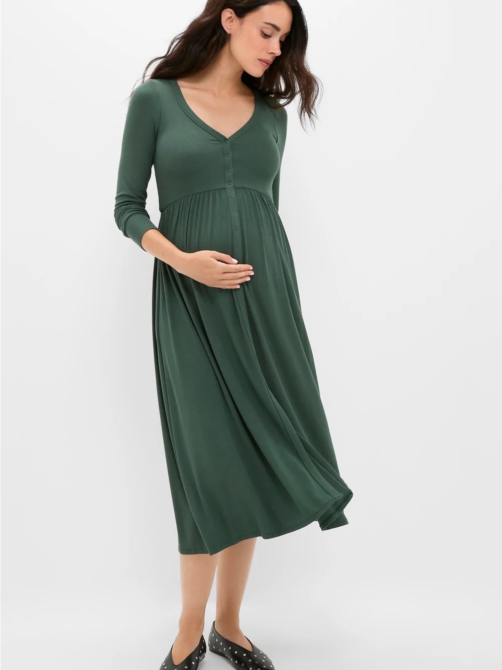 Hatch Dark Green Midi Maternity Dress with V-Neck & Button Front